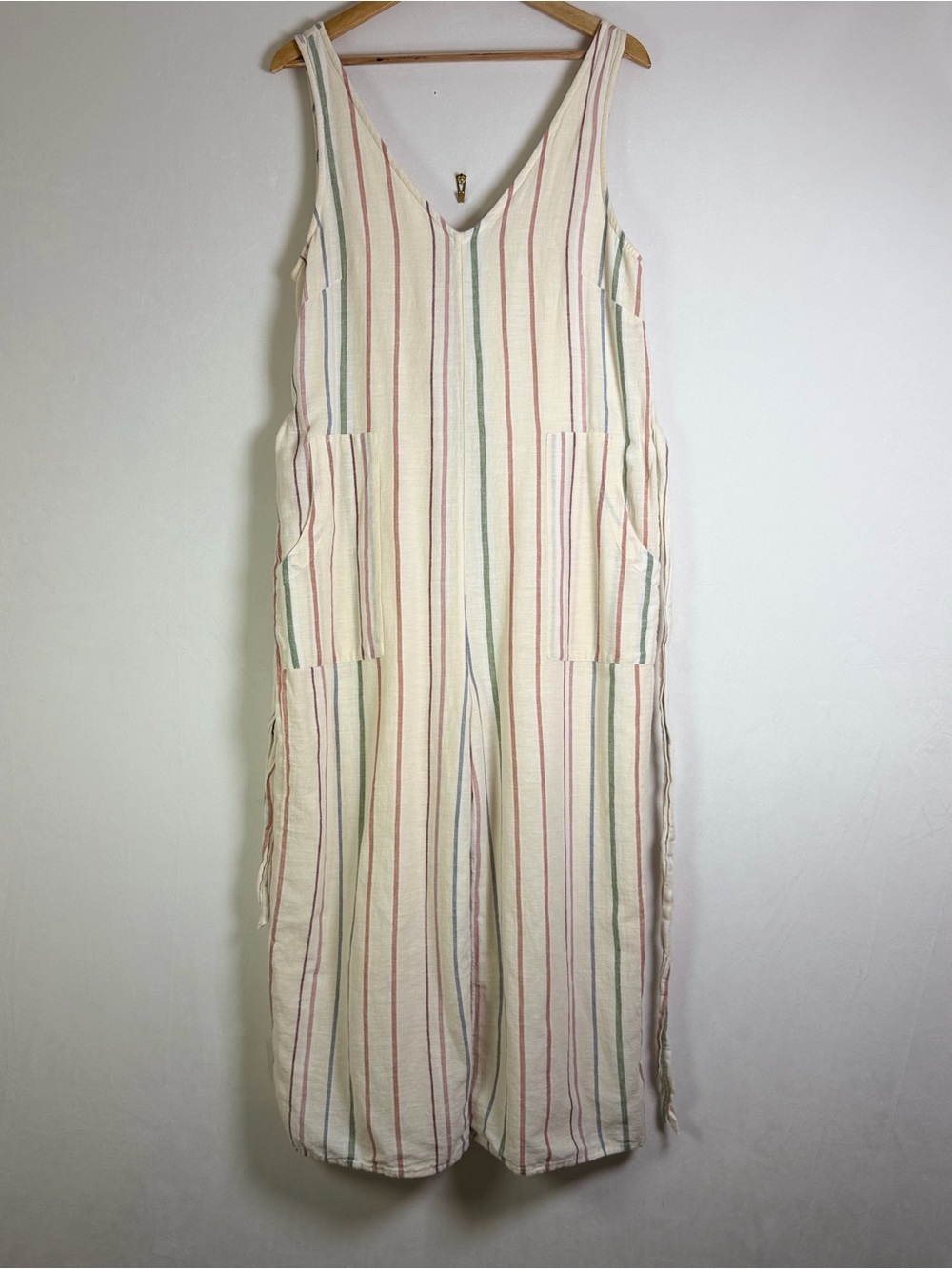 American Eagle Women’s Sz M Striped Cotton Linen Wide Leg Jumpsuit Boho Coastal - Picture 3 of 11